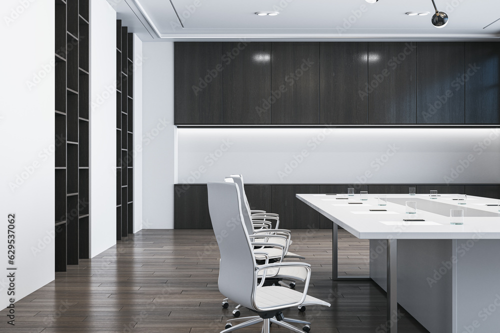 Modern empty meeting room interior with office table and chairs, window, wooden floor and white wall