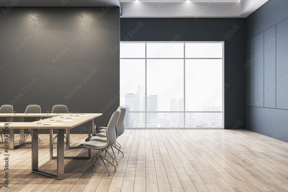 Clean meeting room interior with empty mock up place on wall, furniture and window with city view. 3