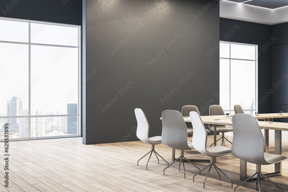 Contemporary meeting room interior with empty mock up place on wall, furniture and window with city 