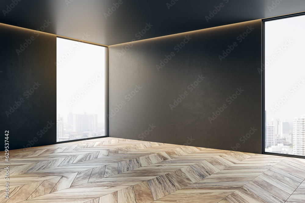 Contemporary gallery interior with panoramic windows, wooden flooring, city view and empty mock up p