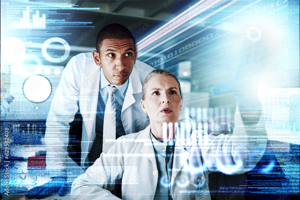 Medical science, man and woman in overlay of data hologram, information and brainstorming innovation