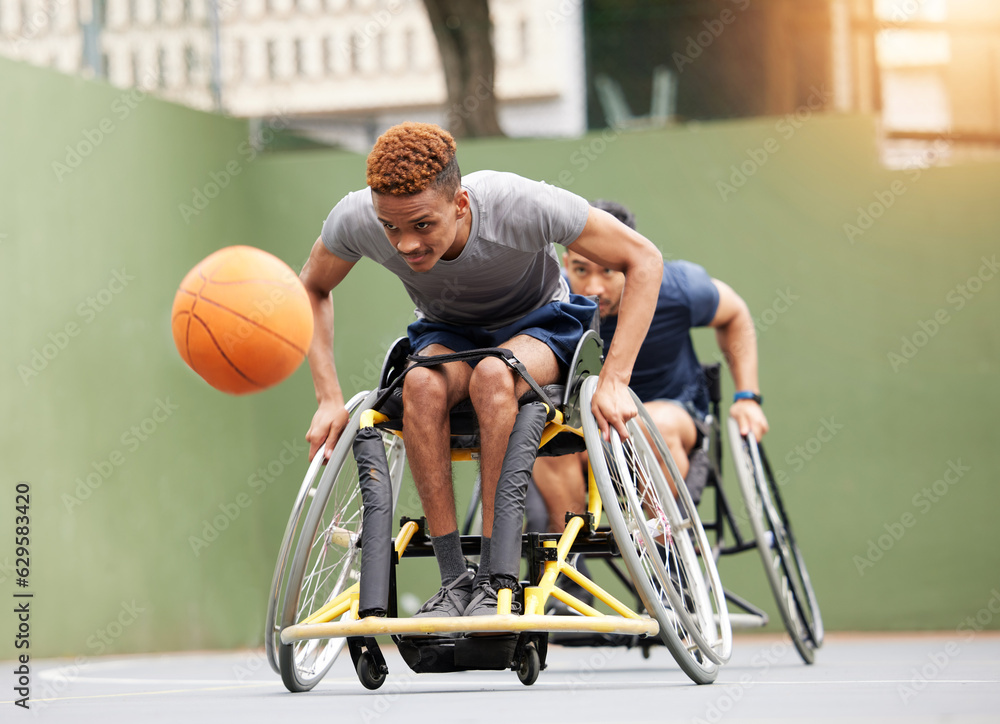 Sports, basketball game and men in wheelchair in action for training, exercise and workout on outdoo