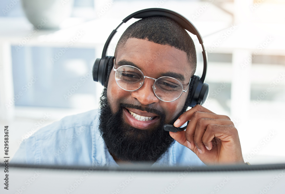 Call center, customer service and salesman talking on call for insurance advice in office for online