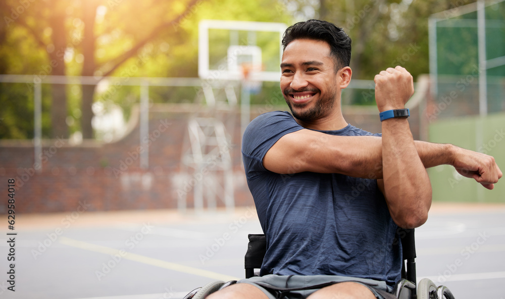 Stretching and wheelchair user with man on basketball court for training, challenge and competition.