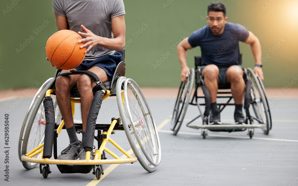 Fitness, basketball and men in wheelchair on court for training, exercise and workout on outdoor par