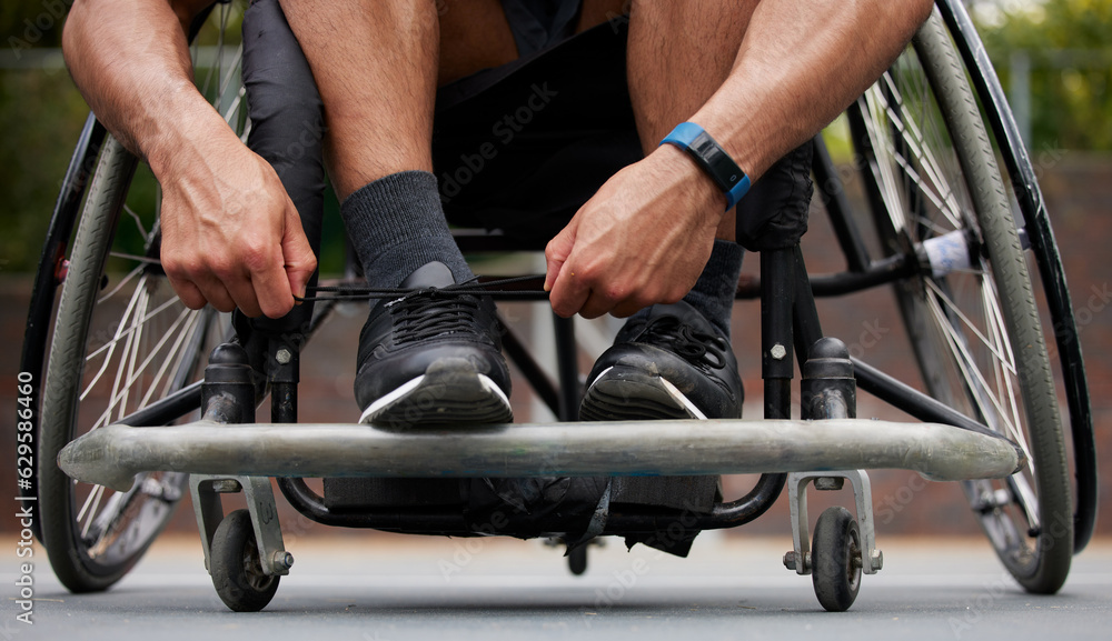 Sports, wheelchair and hands tie shoes ready for training, exercise and workout on outdoor court. Fi