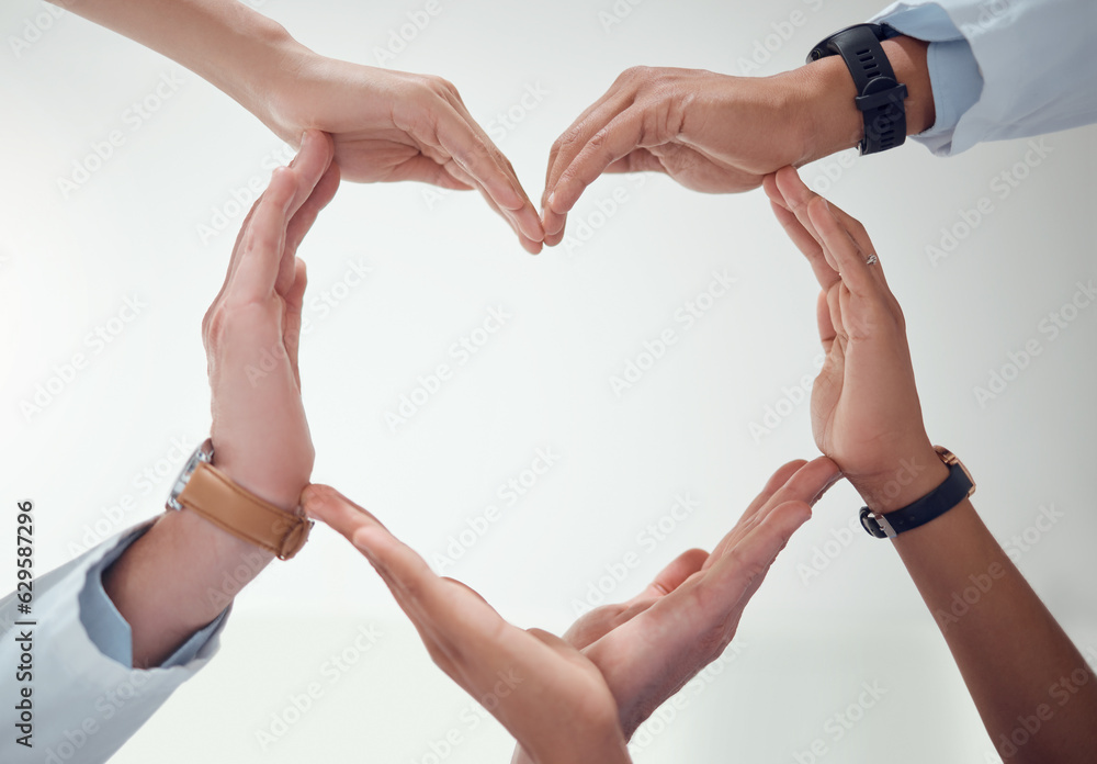 Heart, teamwork or hands of doctors with support in collaboration for healthcare wellness together. 