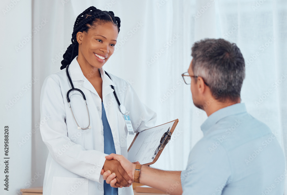 Doctor, patient and people shaking hands, smile and hospital checkup with healthy diagnosis, healthc