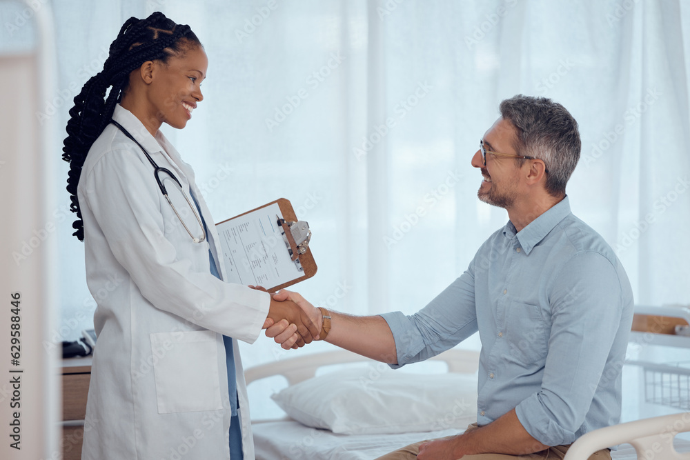 Doctor, happy patient and people shaking hands for hospital agreement, checkup success or healthy ex