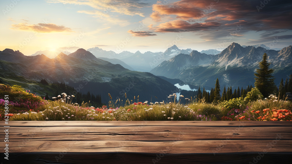 Beautiful panoramic sunset landscape, view of mountains, lake and flowers with rough wooden podium f