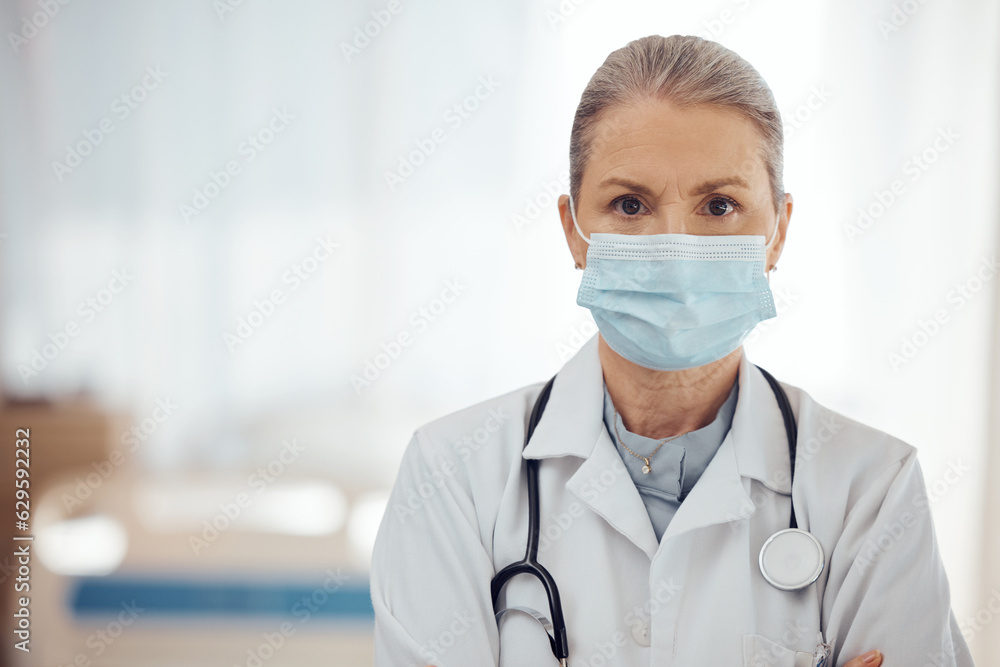 Woman, portrait and doctor with face mask in hospital for medical services, surgery and mockup space