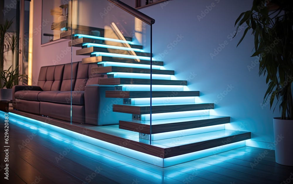 Floating steps with LED strip lights underneath each stair