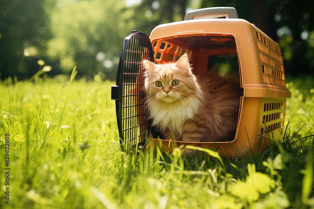 Cat sitting in carrier on grass.