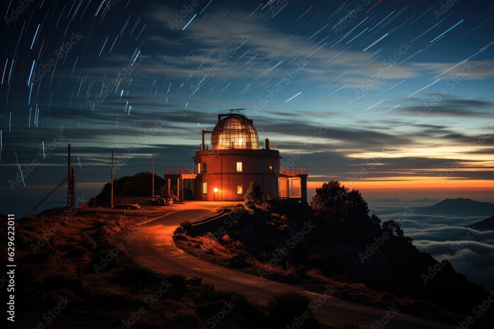 Huge astronomical observatory against the evening sky.