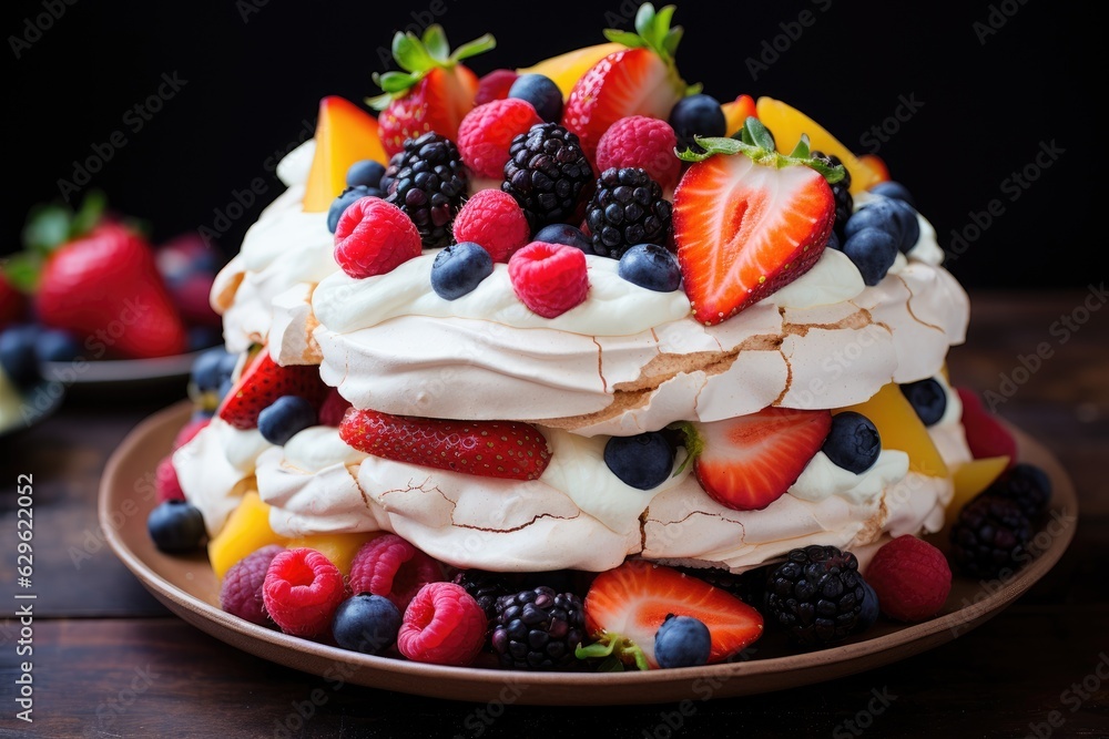 Pavlova cake topped with fruit. Generative AI