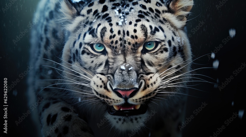 Front view of a fierce snow leopard. Generative AI