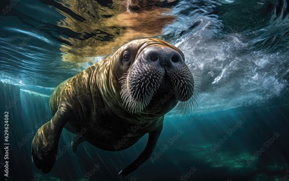 under water nature photography of a exotic walrus swimming underwater