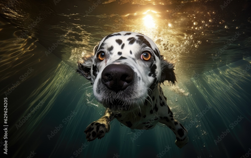 under water nature photography of a dog swimming underwater