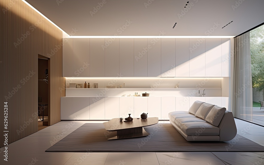 A living area extending in the form of a long corridor, the bathroom, kitchen and living room are co