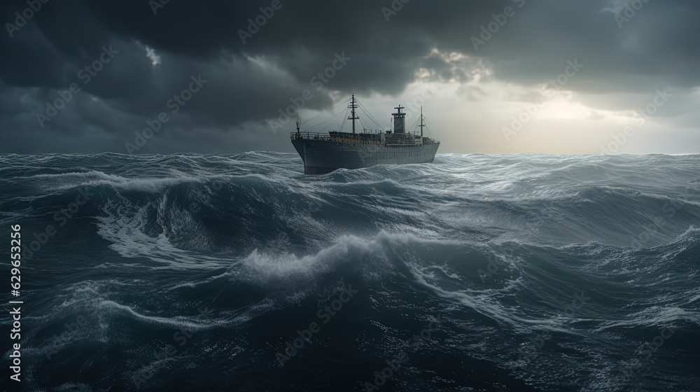 Ship in the stormy sea with huge waves. Giant stormy waves in the ocean and boat.