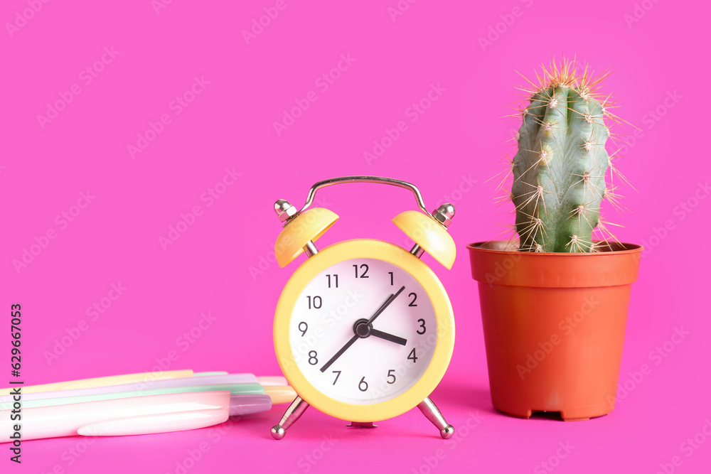 Alarm clock, pens and cactus on pink background