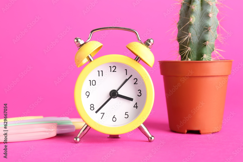 Alarm clock, pens and cactus on pink background