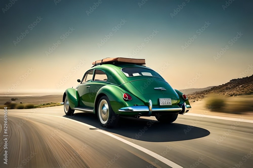 Green car with luggage ready for summer holidays.