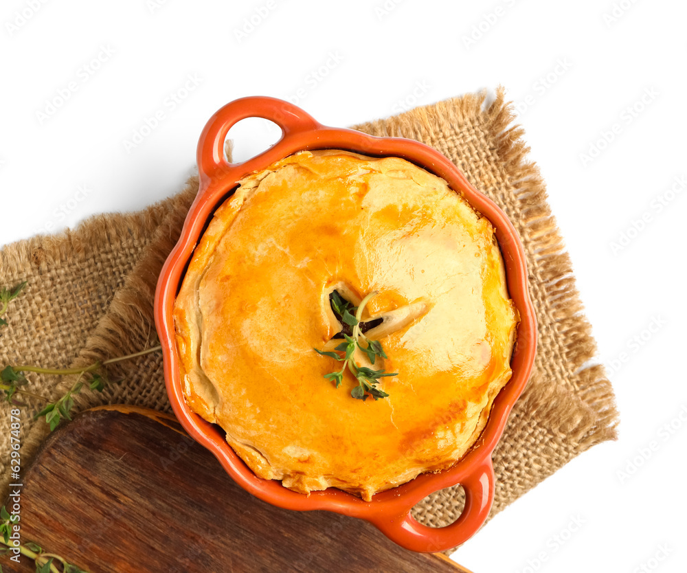 Tasty meat pot pie on white background