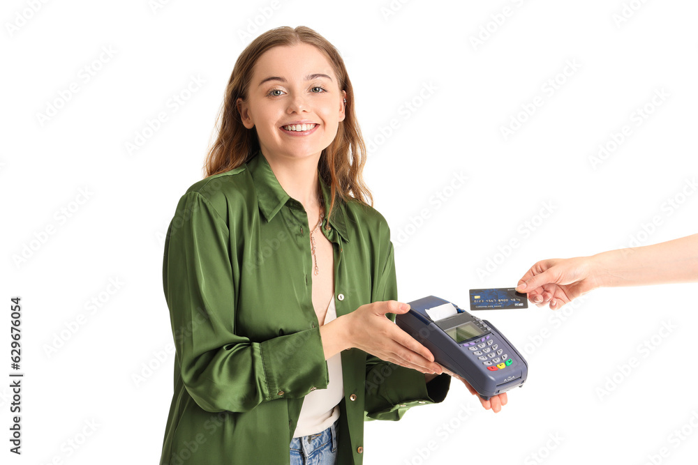 Female seller taking payment from customer on white background