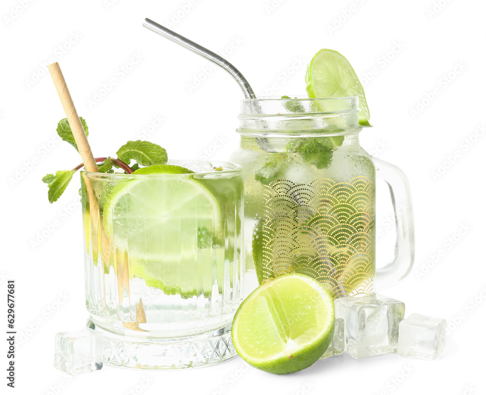 Glass and mason jar of tasty mojito isolated on white background