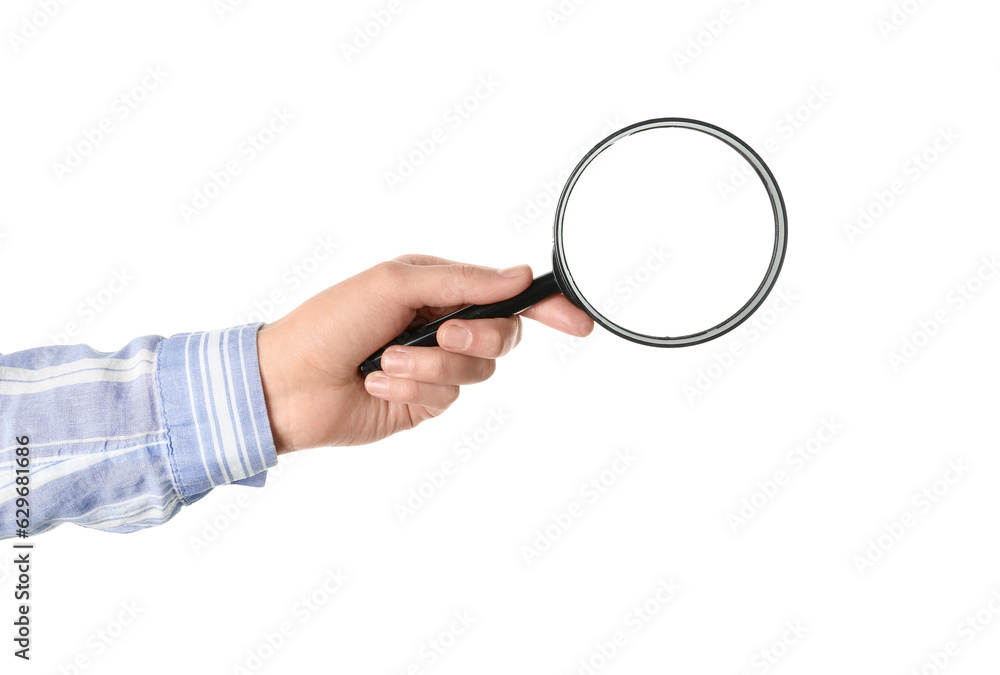 Female hand with magnifier isolated on white background