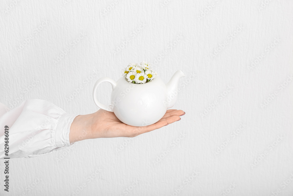 Female hand with teapot of chamomile tea and flowers near white wall