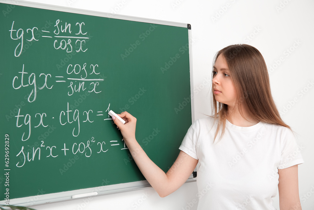 Young math teacher writing on blackboard in classroom