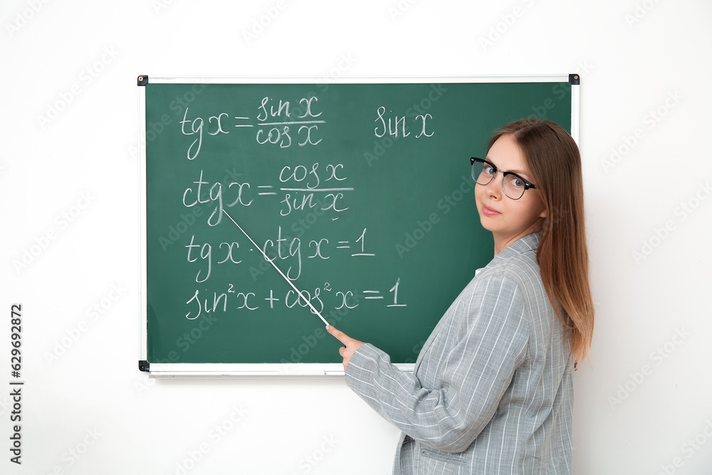 Young math teacher with pointer near blackboard in classroom