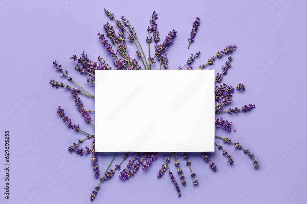 Blank paper sheet and beautiful lavender flowers on blue background