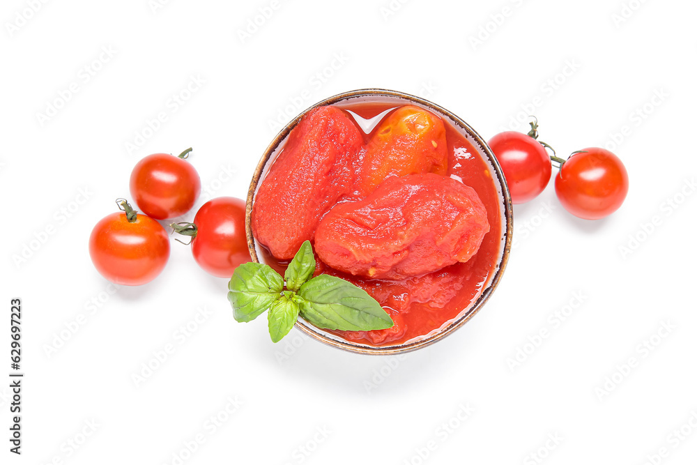 Bowl with canned and fresh tomatoes on white background