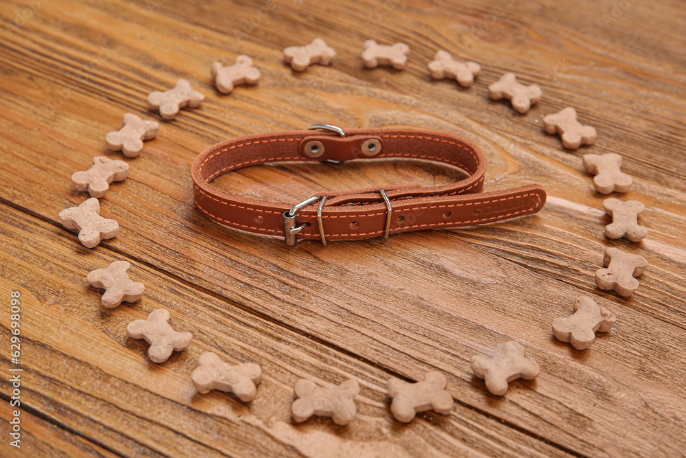 Composition with pet collar and dry food on wooden background