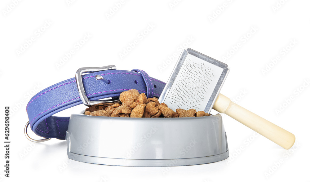 Bowl of dry pet food, grooming brush and collar on white background