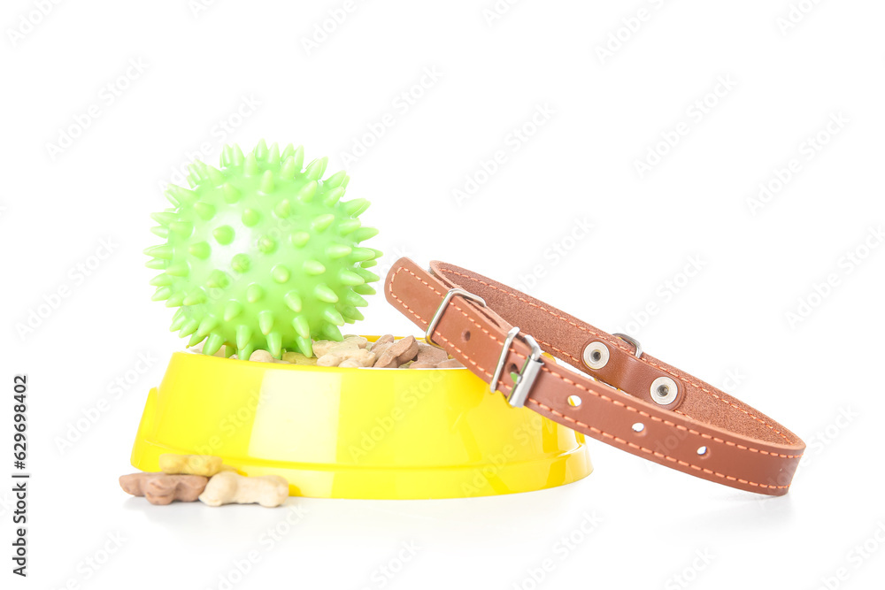 Bowl of dry pet food, collar and toy ball on white background