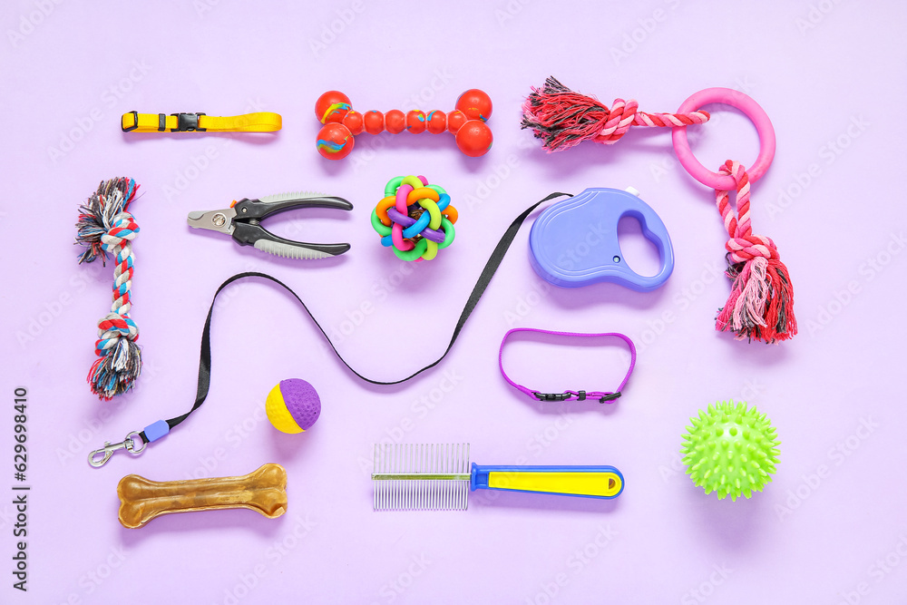 Composition with pet care accessories and toys on lilac background