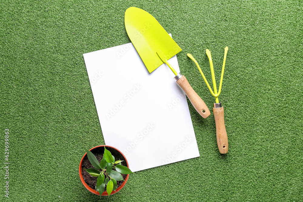 Composition with blank paper sheet, gardening tools and potted plant on color background