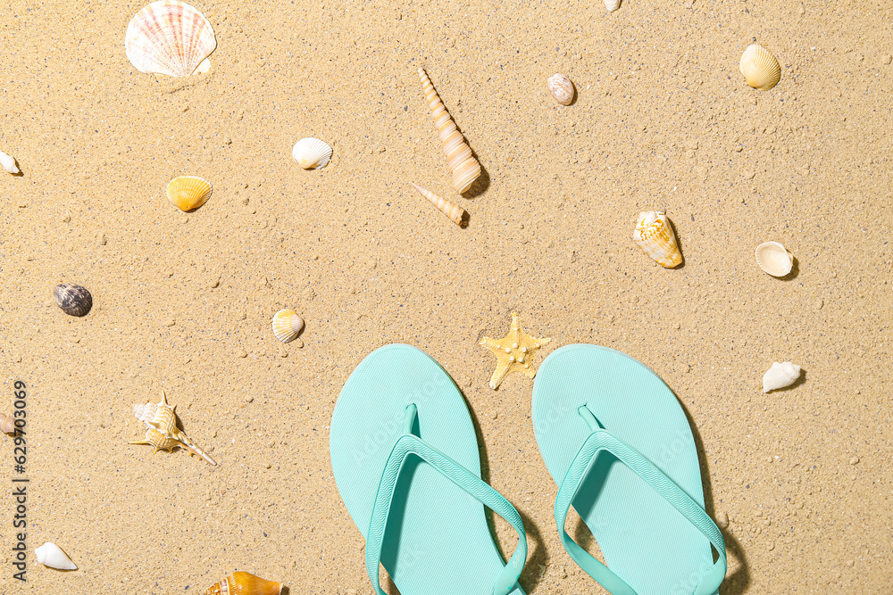 Stylish flip-flops and different seashells on beach sand