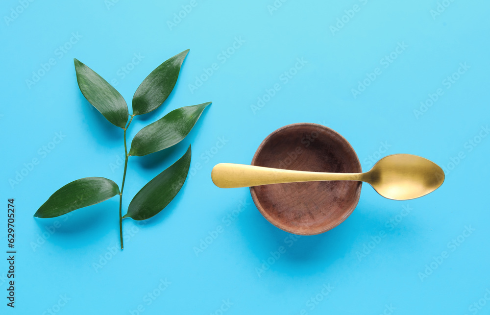 Bowl, spoon and plant leaf on color background