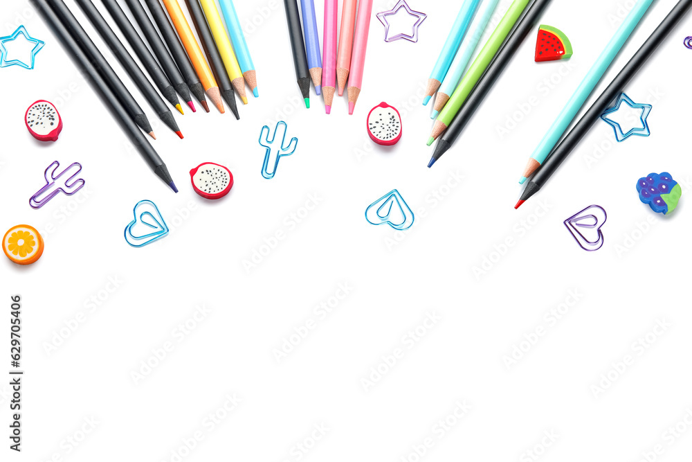 Different school stationery on white background