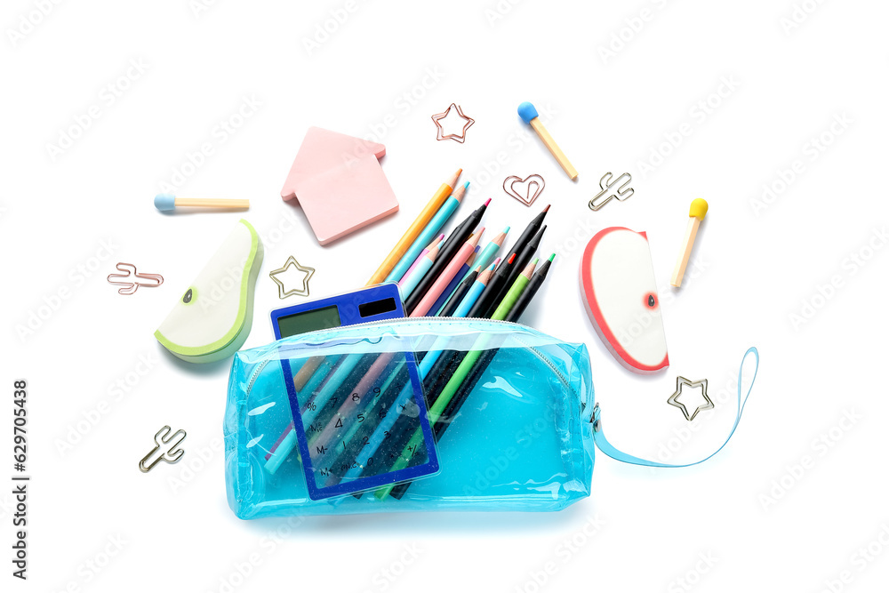 Pencil case and school stationery on white background