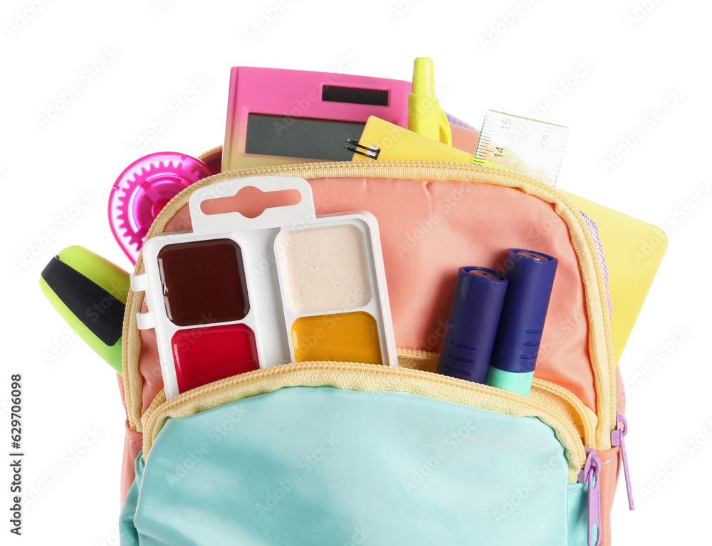 Colorful school backpack with calculator and watercolors on white background