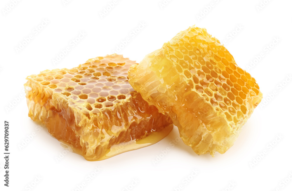 Sweet honeycombs on white background