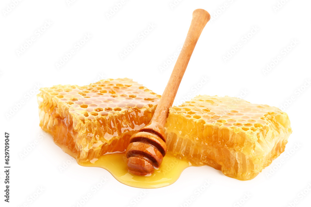 Sweet honeycombs and dipper on white background