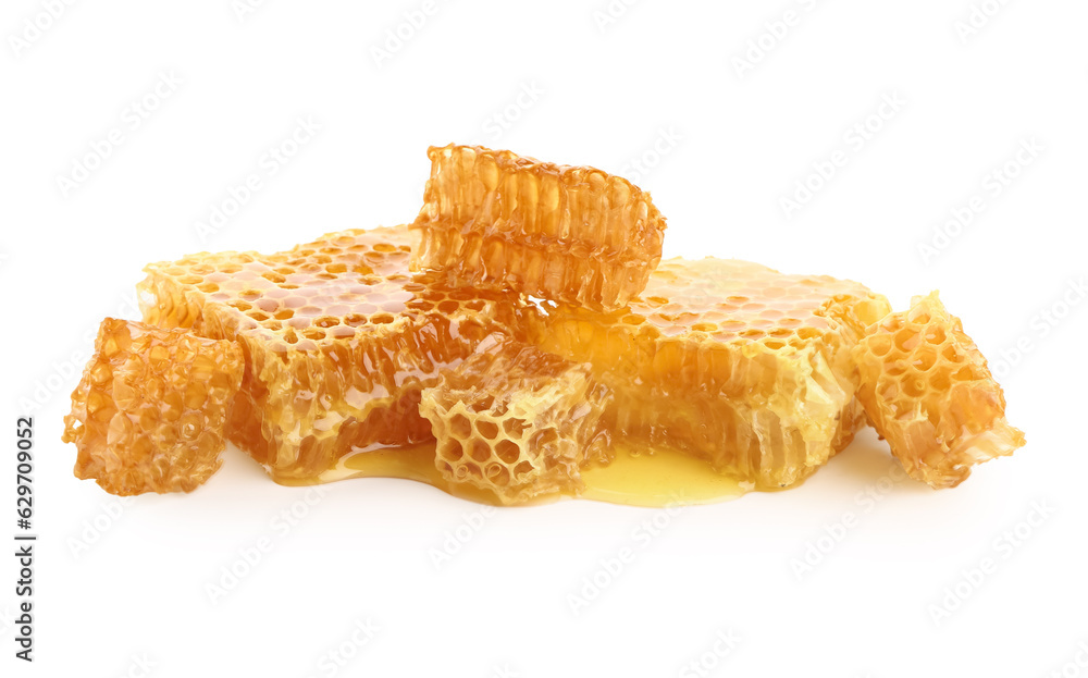 Sweet honeycombs on white background