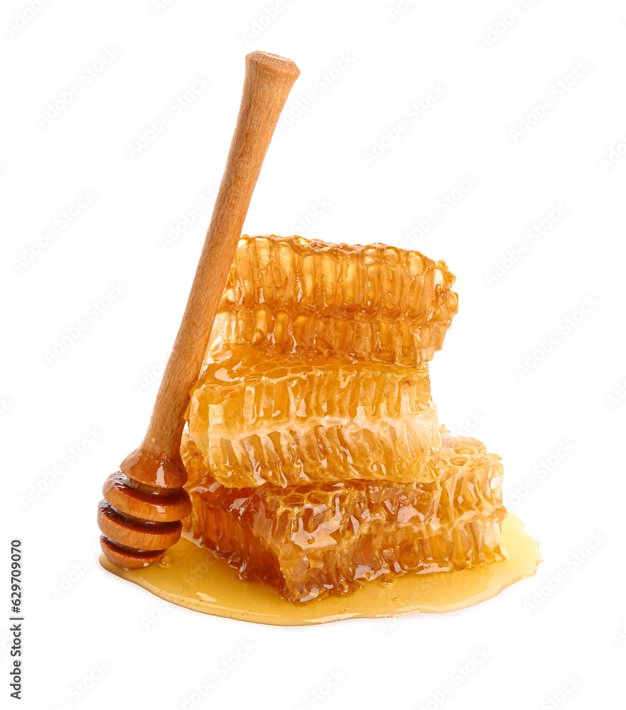 Sweet honeycombs and dipper on white background